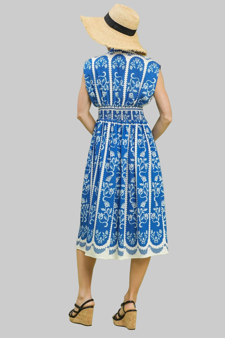 SLEEVELESS BUTTON DOWN SMOCKED BOHO MIDI DRESS - BLUE