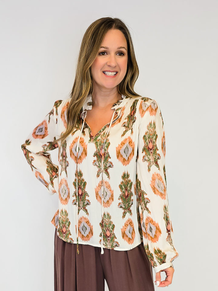 PRINTED PEASANT BLOUSE - IVORY/TRIBAL