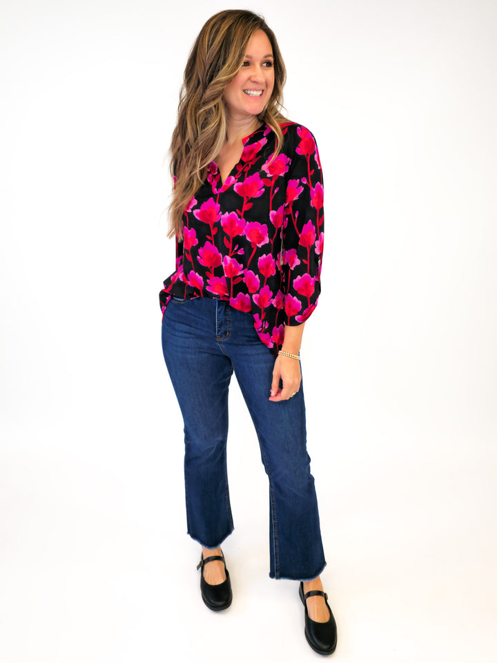 DEAR SCARLETT STRETCHY LIZ TOP WITH 3/4 SLEEVES - BLACK/FUCHSIA FLORAL