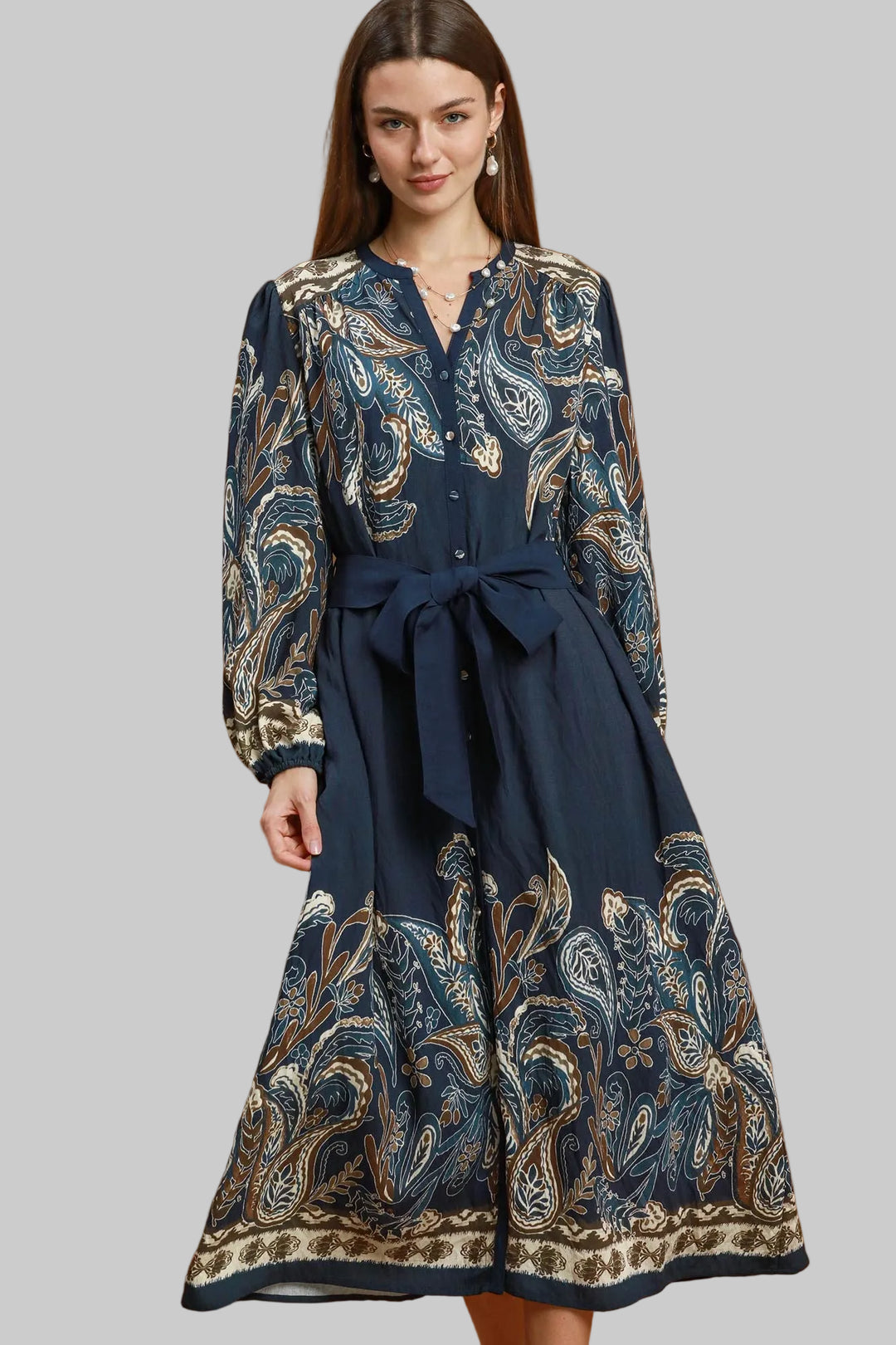 LONG SLEEVE BUTTON FRONT ABSTRACT PRINT MIDI DRESS - NAVY