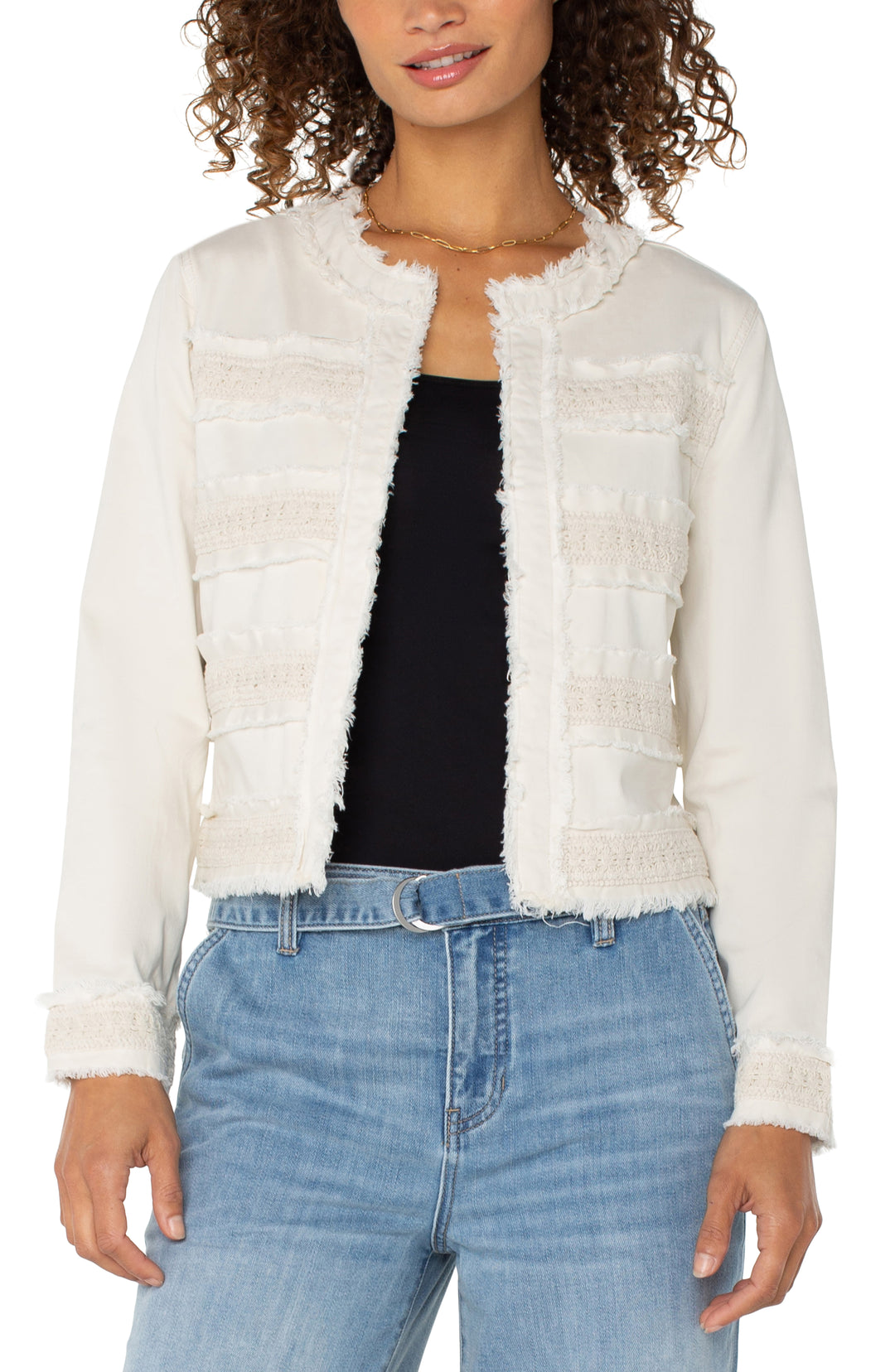 COLLARLESS JACKET W/FRAY AND LACE - BONE