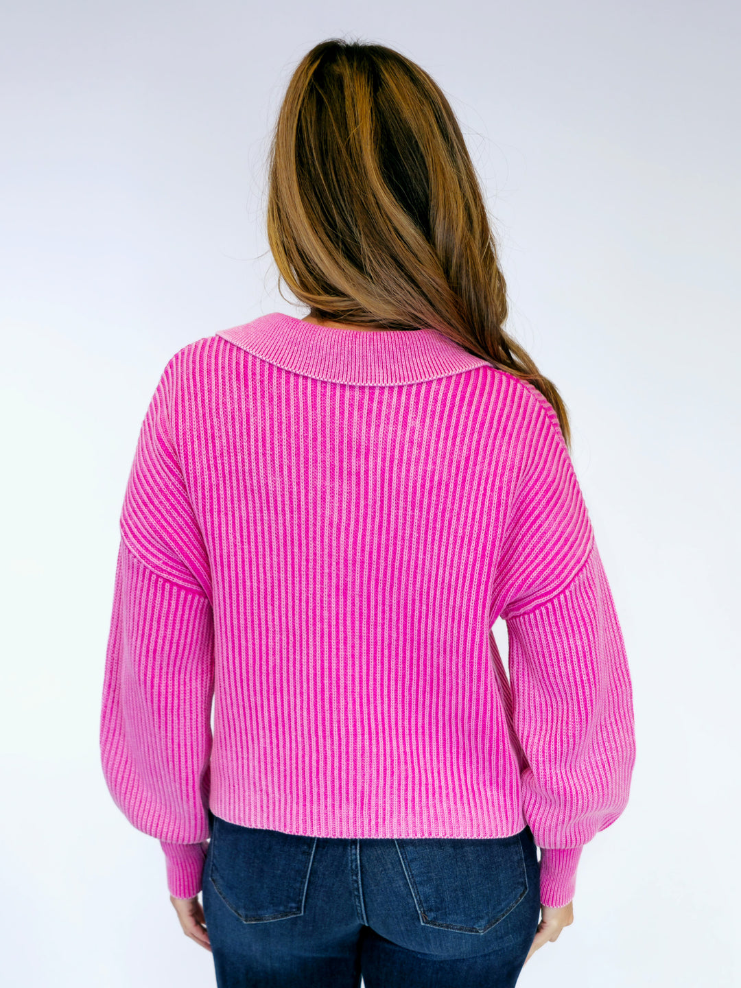 WASHED COLLARED HENLEY SWEATER - FUCHSIA