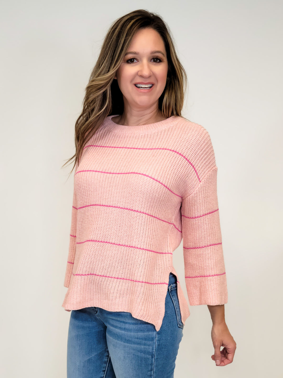 STRIPED WIDE SLEEVE SWEATER - HOT PINK