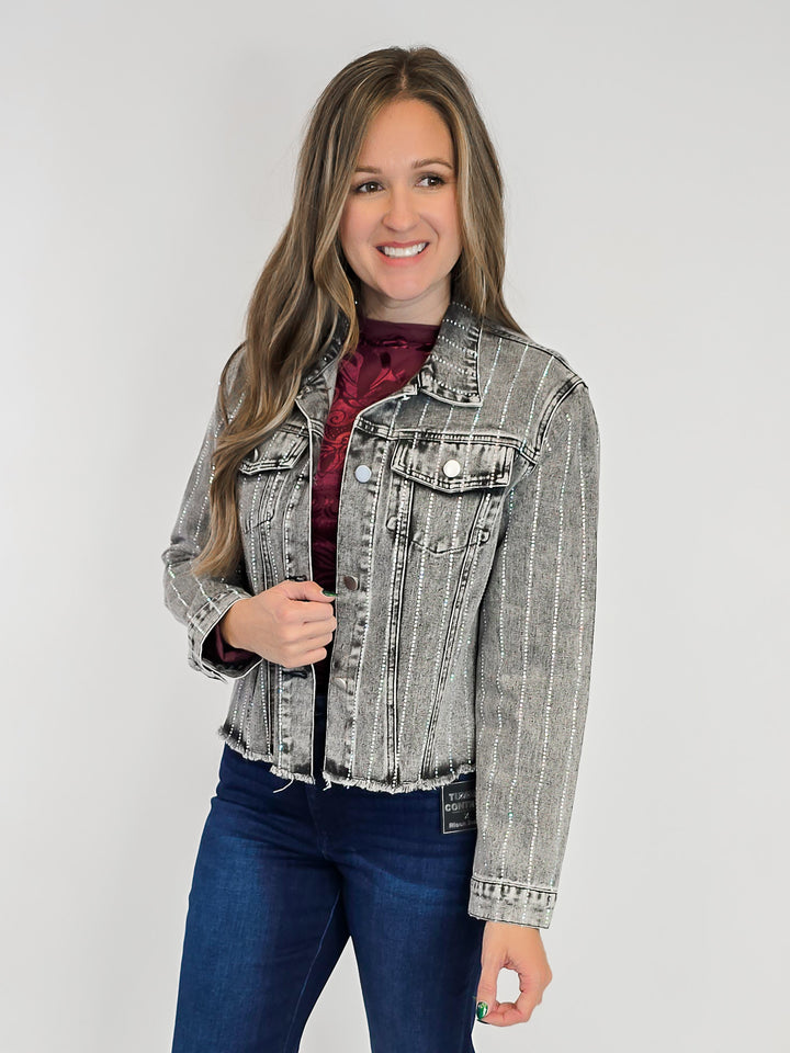 DENIM JACKET W/RHINESTONE DETAIL - BLACK