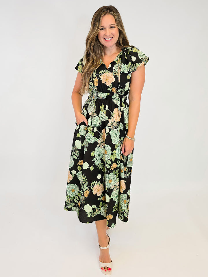 FLORAL PRINTED MIDI DRESS W/FLUTTER SLEEVES - BLACK/SAGE