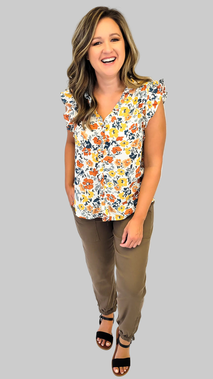 RUFFLE SLEEVE &amp; NECK FLORAL PRINT TOP - MUSTARD