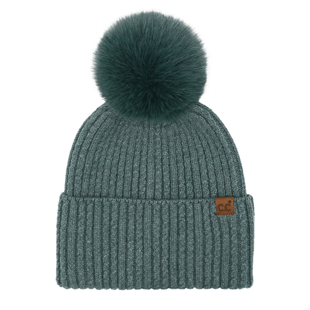 CABLE CUFF POM BEANIE - FOREST GREEN