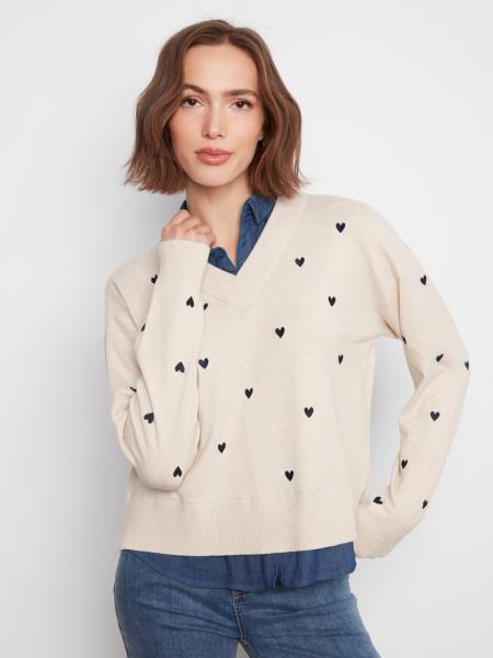 L/S DROP SHOULDER W/WOVEN SHIRT COLLAR SWEATER - HEATHER OAT