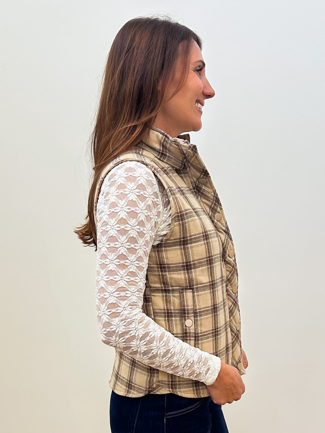 POLAR COLLAR ZIP UP PLAID PUFFER VEST- TAUPE