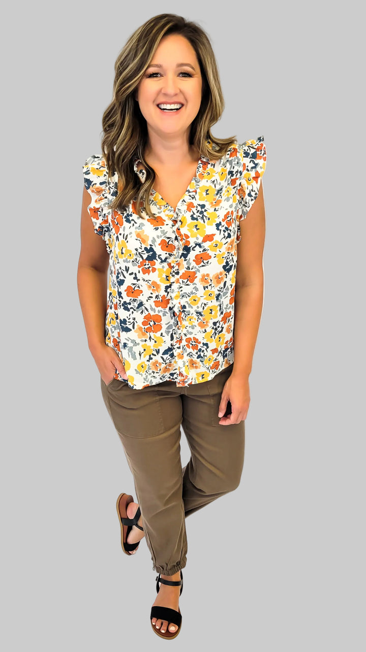 RUFFLE SLEEVE &amp; NECK FLORAL PRINT TOP - MUSTARD