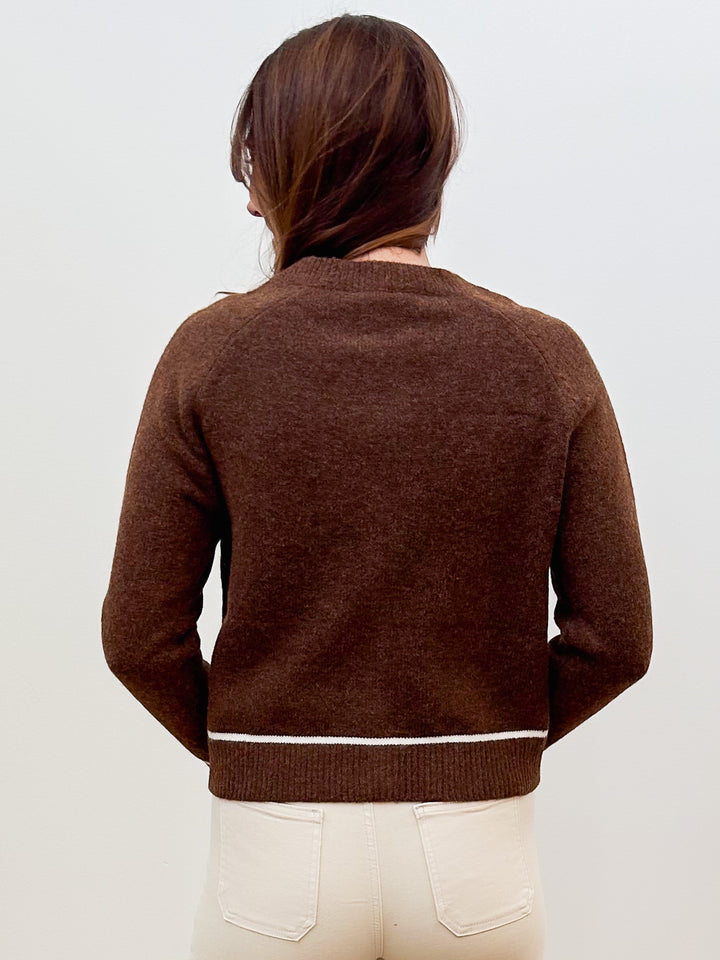 EMBROIDERED BUTTON DOWN SWEATER CARDIGAN - SEPIA BROWN