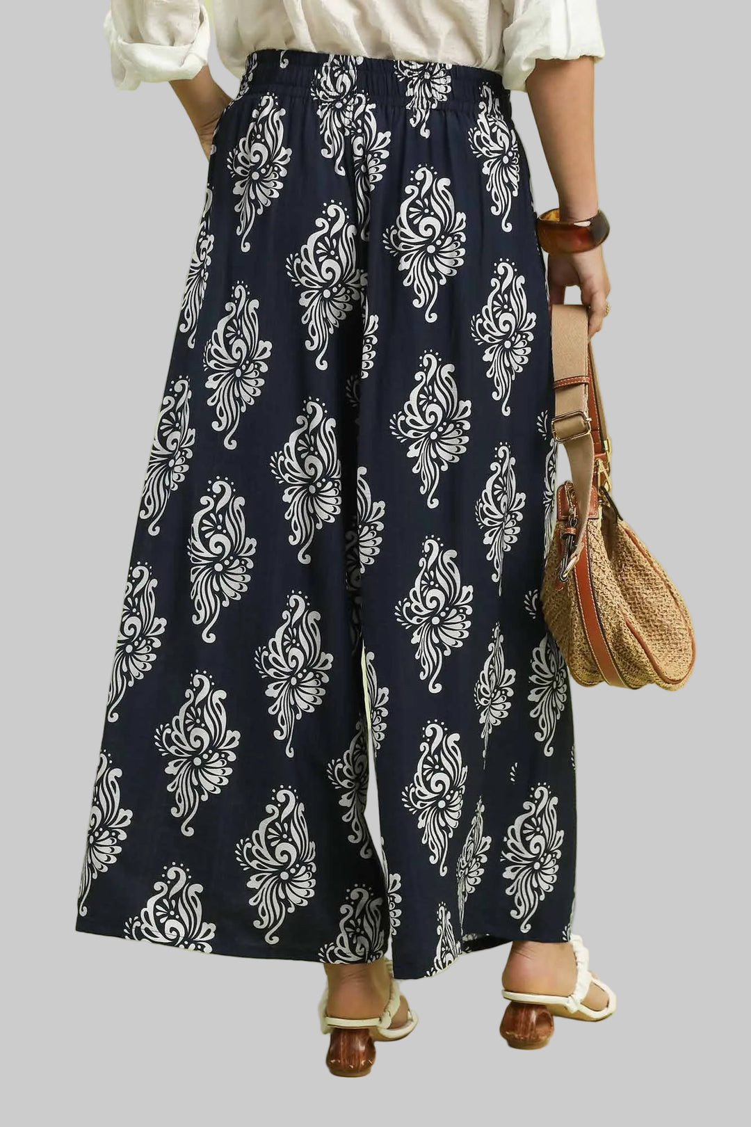 ABSTRACT PRINT WIDE LEG PANTS - NAVY