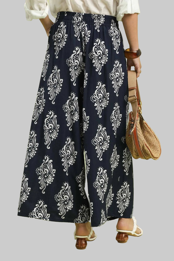 ABSTRACT PRINT WIDE LEG PANTS - NAVY