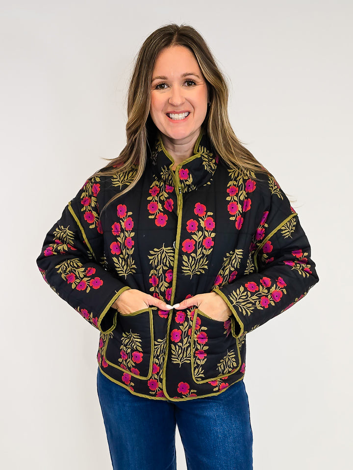 BOTANICAL PRINT QUILTED JACKET - BLACK