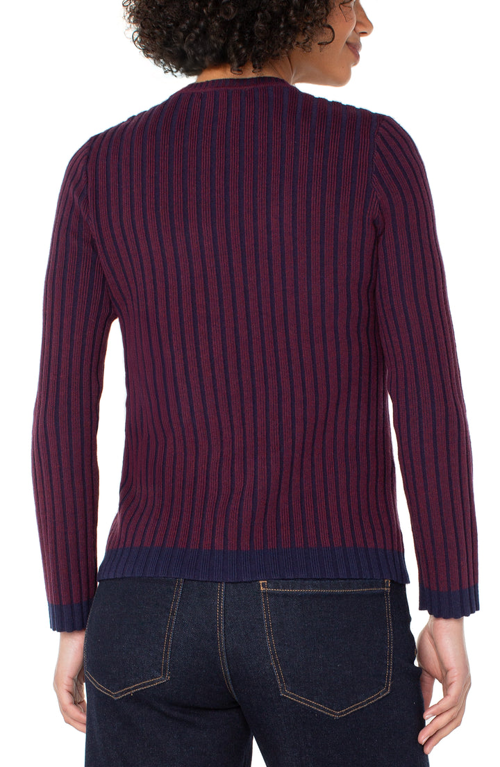 LONG SLEEVE CREW NECK RIBBED SWEATER - CABERNET RED/NAVY