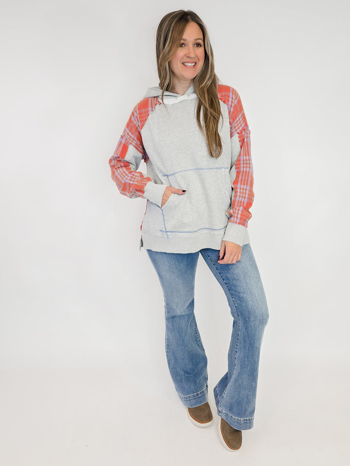 PLAID MIX TERRY PULLOVER HOODIE - HEATHER GREY