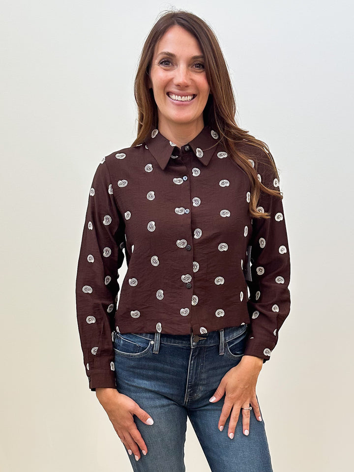 EMBROIDERED PAISLEY CROPPED BUTTON DOWN BLOUSE - ESPRESSO