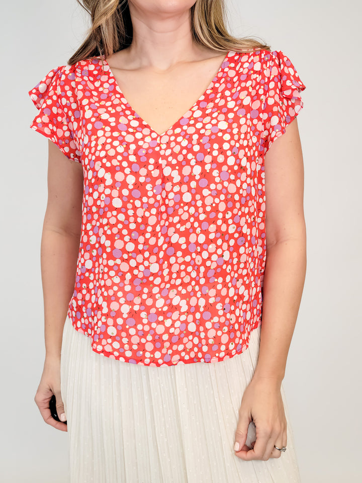 BUBBLE DOT FLUTTER SLEEVE TOP - RED