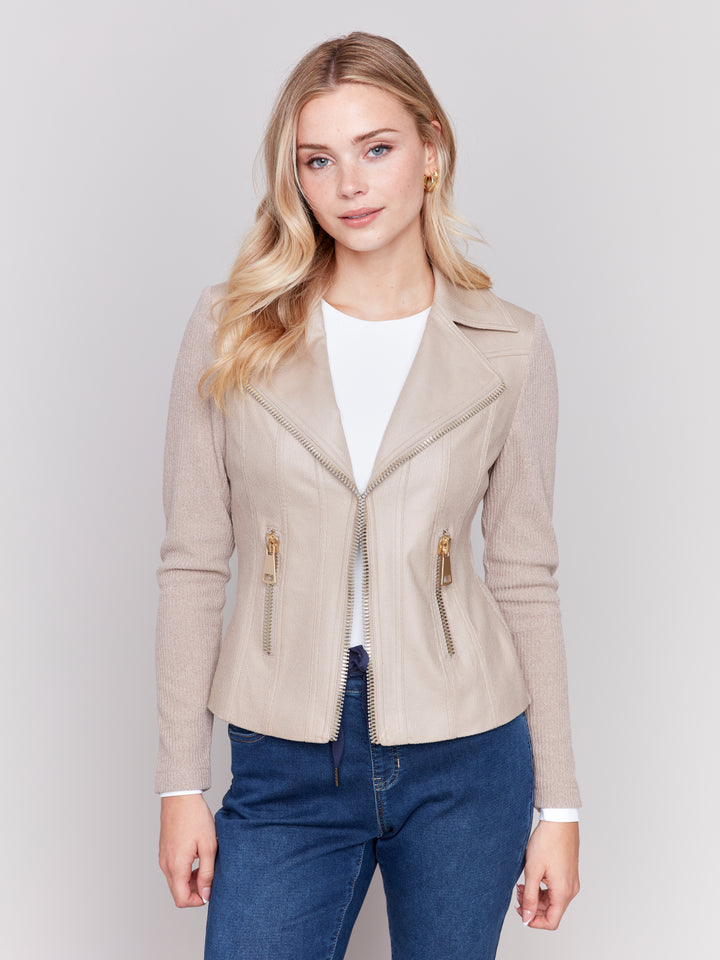 VINTAGE FAUX LEATHER RIBBED KNIT JACKET - ALMOND