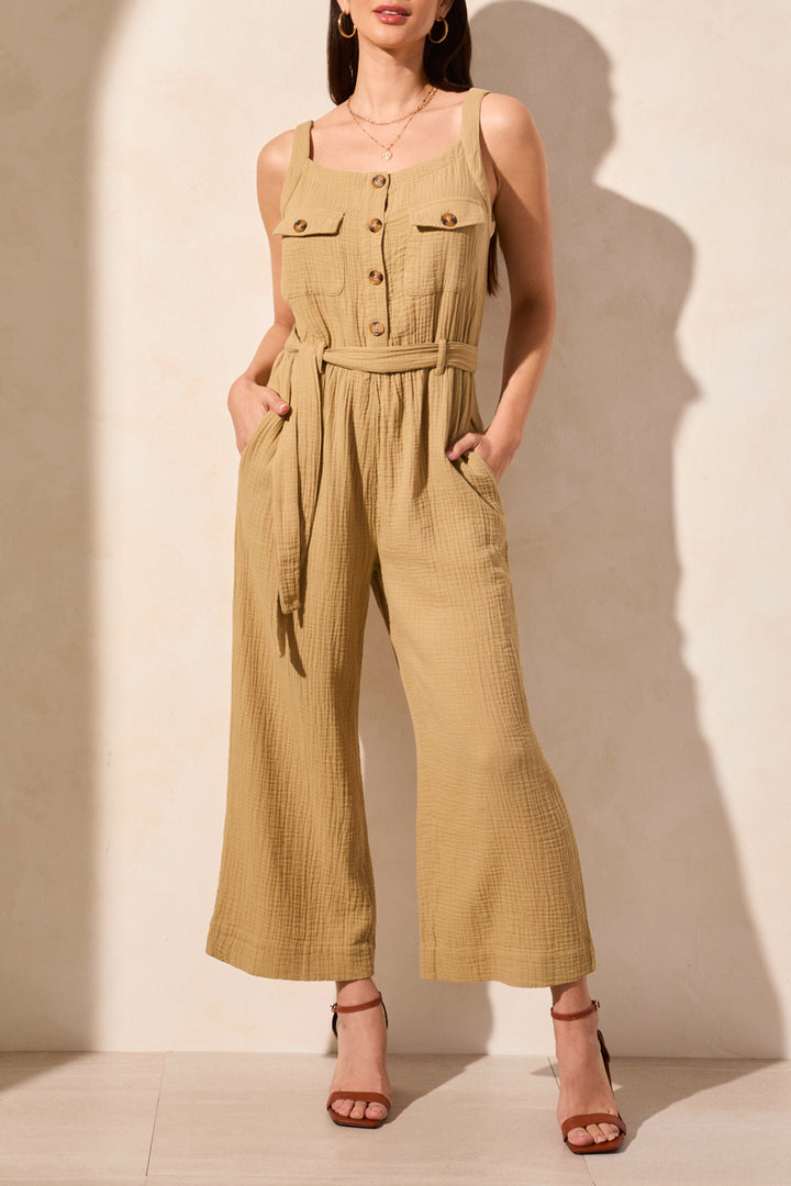 COTTON GAUZE BELTED JUMPSUIT - NUDE OLIVE