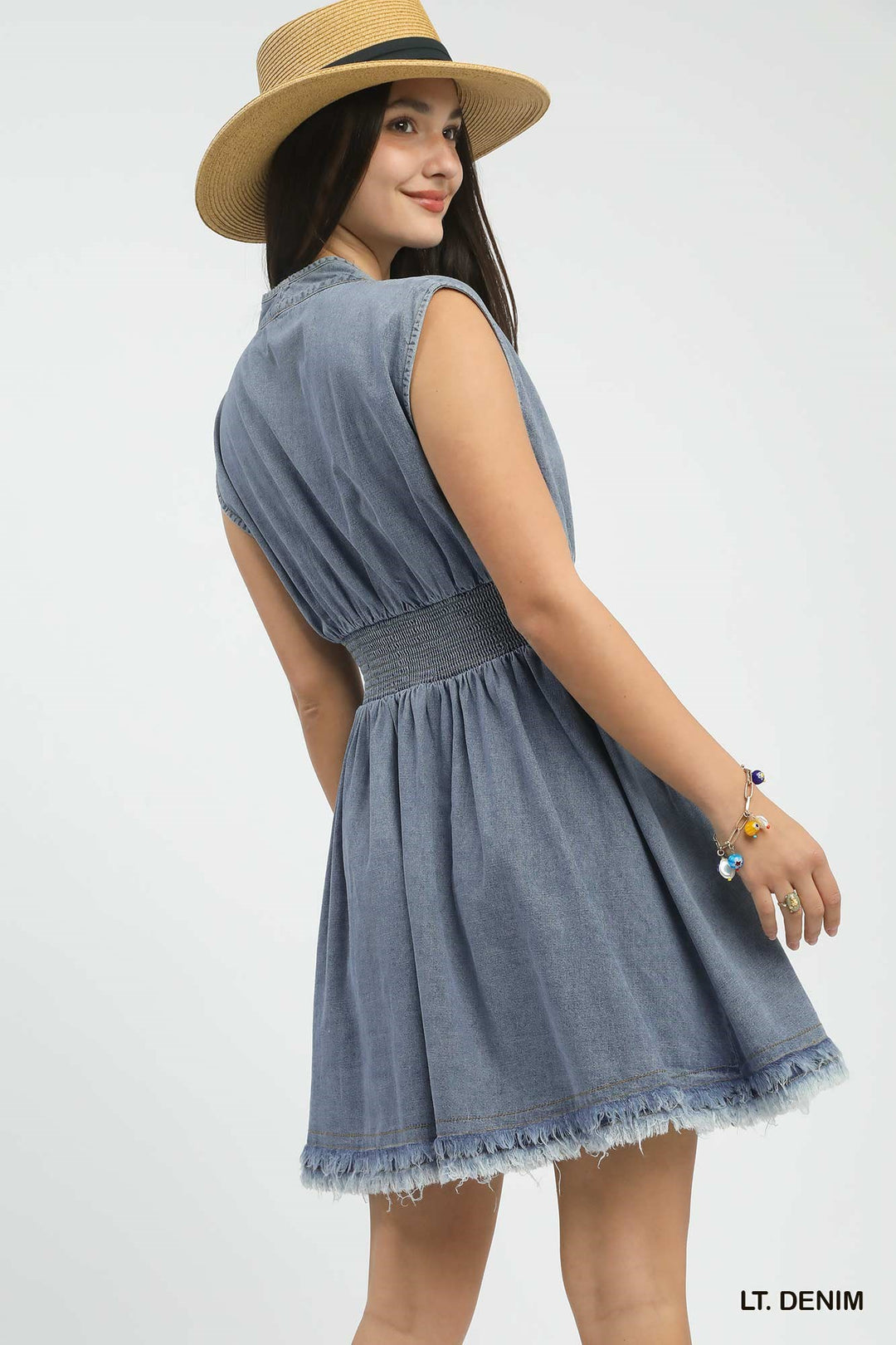 STONE WASHED DENIM SHORT DRESS W/ZIPPER - LIGHT DENIM