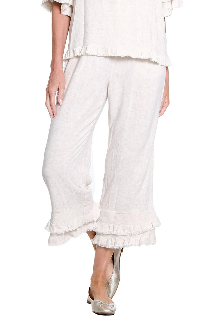 DRAWSTRING ELASTIC WAIST DOUBLE RUFFLE HEM CROP PANTS - FLAX