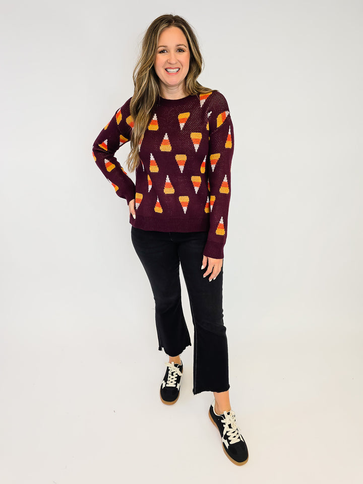 CANDY CORN PULLOVER SWEATER - DEEP PLUM
