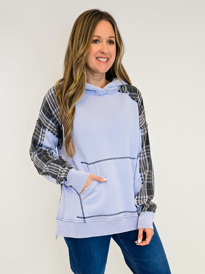 PLAID MIX TERRY PULLOVER HOODIE - PERI BLUE