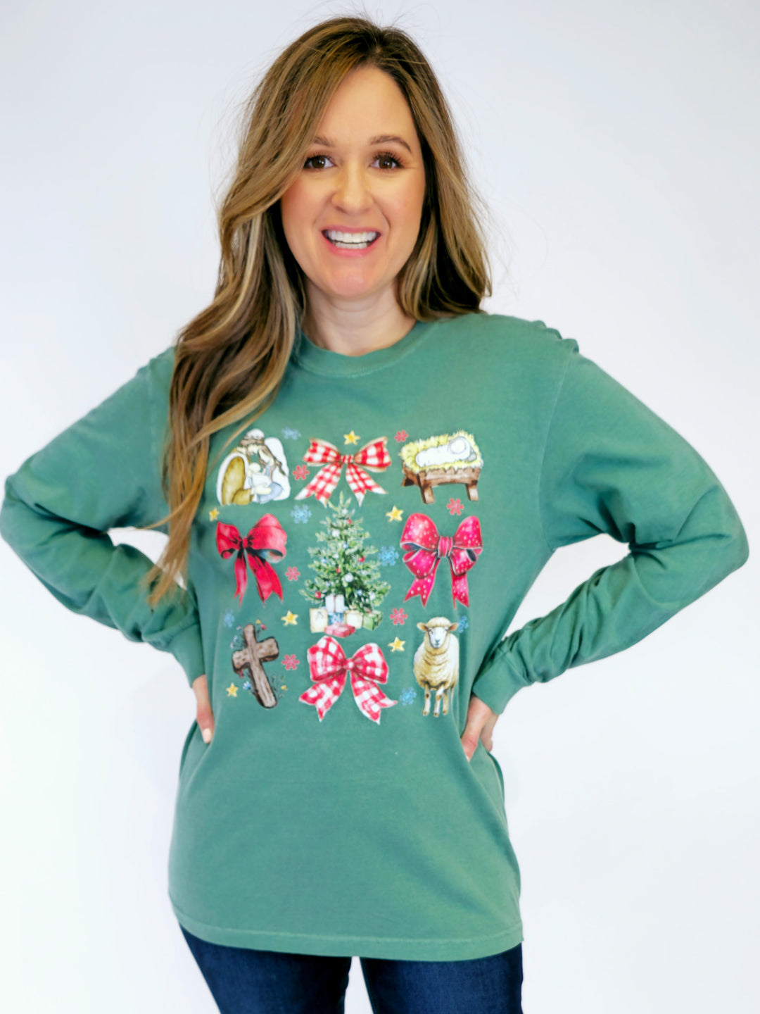 LONG SLEEVE NATIVITY COLLAGE SHIRT - LIGHT GREEN