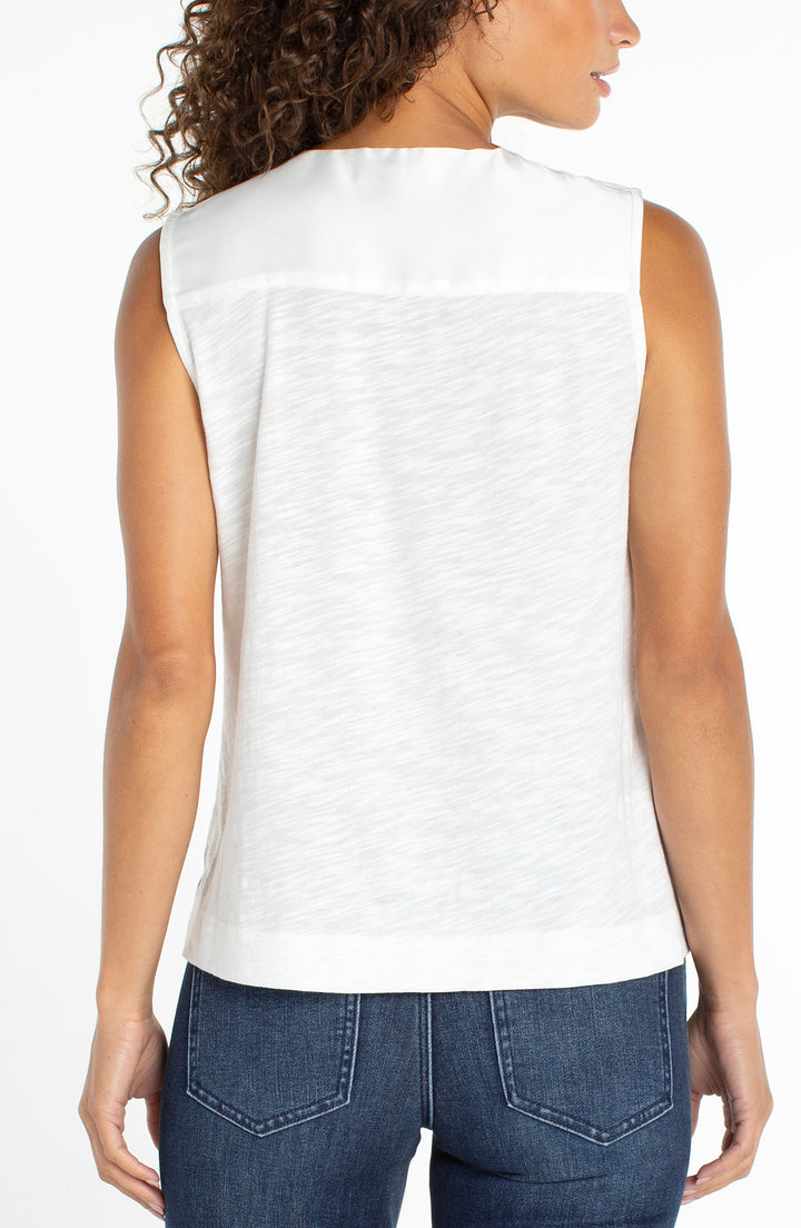 SLEEVELESS V-NECK WOVEN-TO-KNIT TOP - WHIPPED CREAM