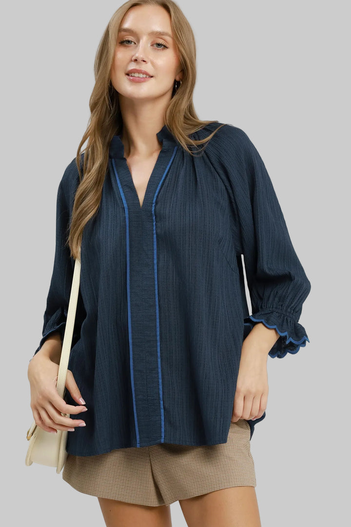 3/4 PUFF SLEEVE HIGH STAND V-NECK COLLAR TOP - NAVY
