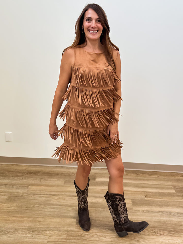 SLEEVELESS FRINGE FAUX SUEDE SHORT DRESS - CAMEL
