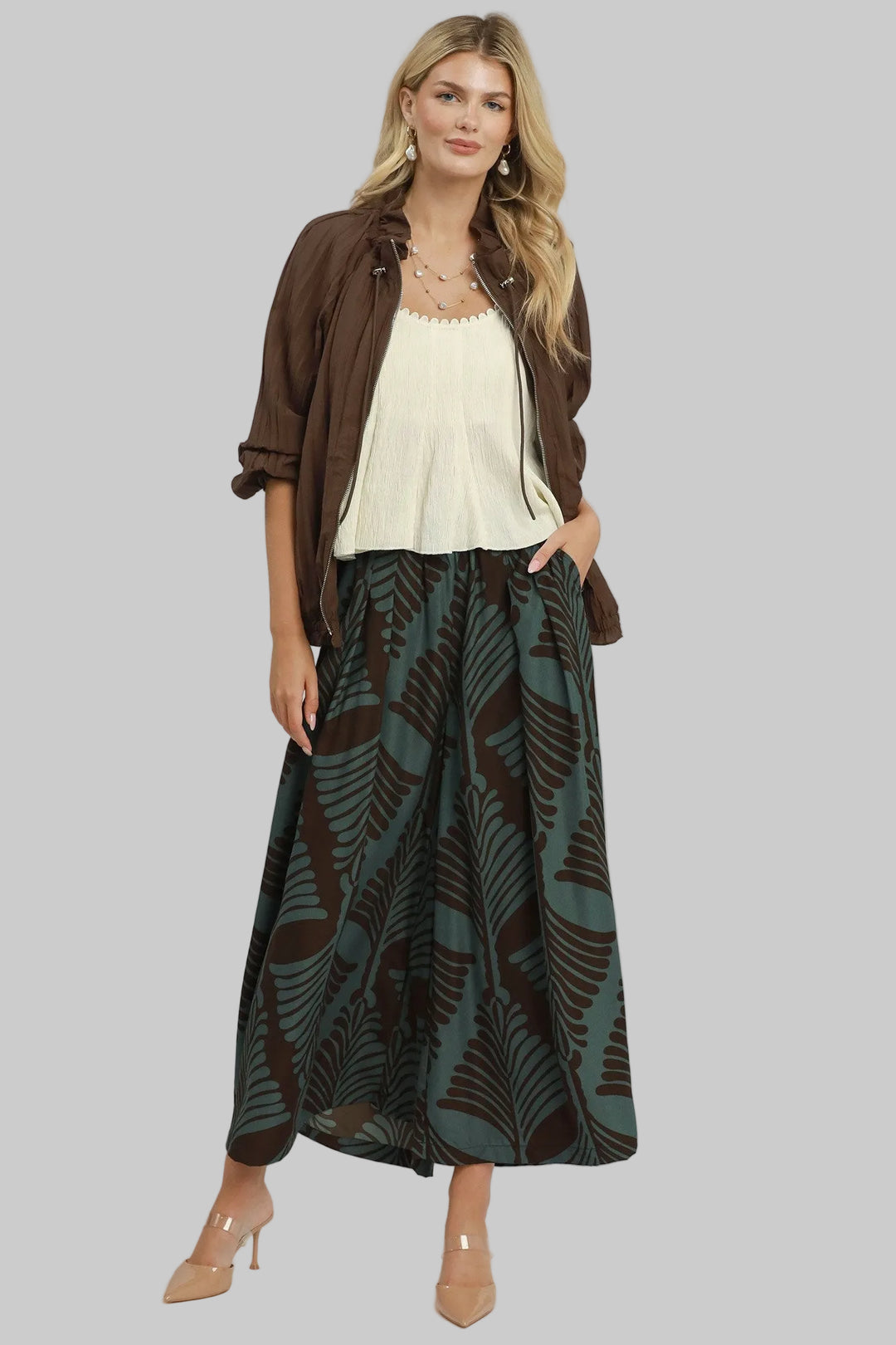 ABSTRACT BOTANICAL PRINT WIDE LEG PANTS - TEAL