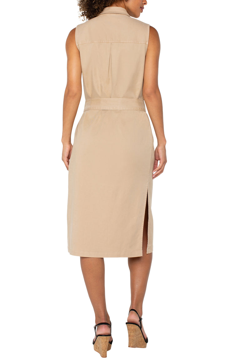 SLEEVELESS SHIRT DRESS W/SLITS - CAPPUCCINO