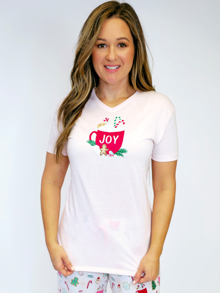 SHORT SLEEVE PAJAMA T-SHIRT - CUP OF JOY - PINK/RED