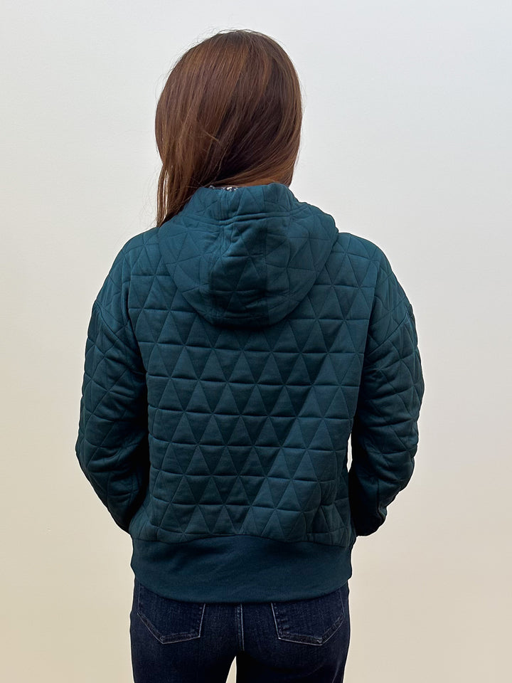 QUILTED HOODIE CONTRAST FLORAL PULLOVER  - DARK TEAL