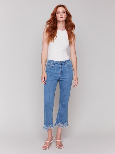 CROPPED JEANS W/FRINGED HEM - BLUE