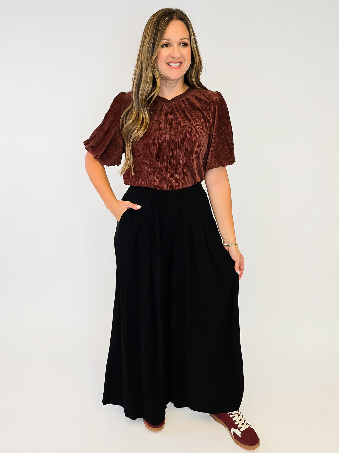 HIGH WAIST WIDE LEG PALAZZO LINEN PANTS - BLACK