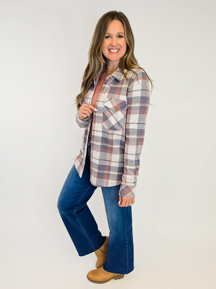 COLLARED BUTTON UP PLAID CASSIAN SHACKET - VINTAGE INDIGO