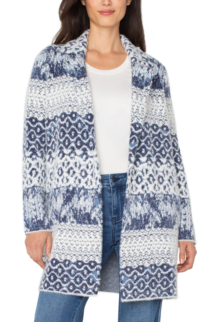 LONG SLEEVE OPEN FRONT SWEATER COAT - NAVY MIX TEXTURED