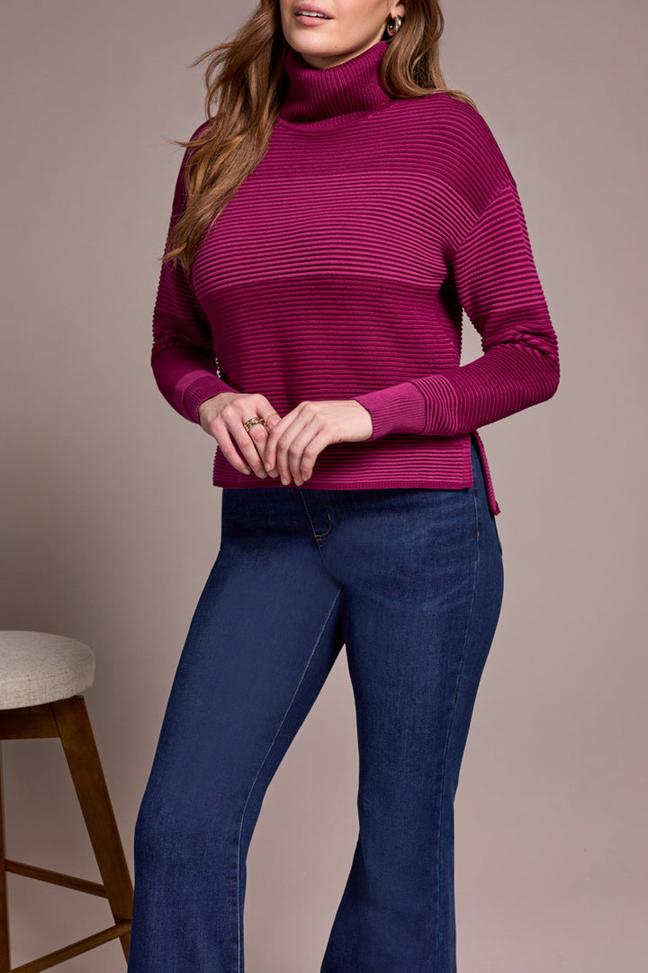 TURTLENECK HIGH LOW SWEATER W/SIDE SLITS - PLUM WINE