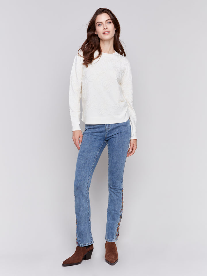 JACQUARD KNIT ROUND HEM SWEATER - ECRU