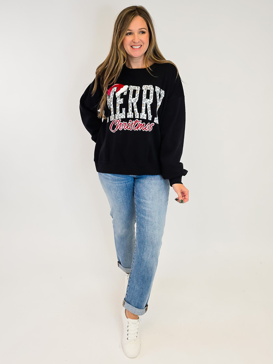 'MERRY CHRISTMAS HAT' CREW NECK OVERSIZED PULLOVER - BLACK