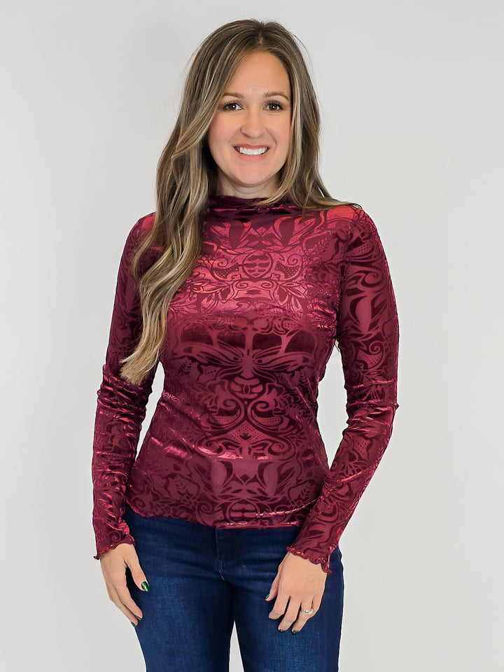 ABSTRACT PRINT BURNOUT VELVET MOCK NECK TOP - WINE