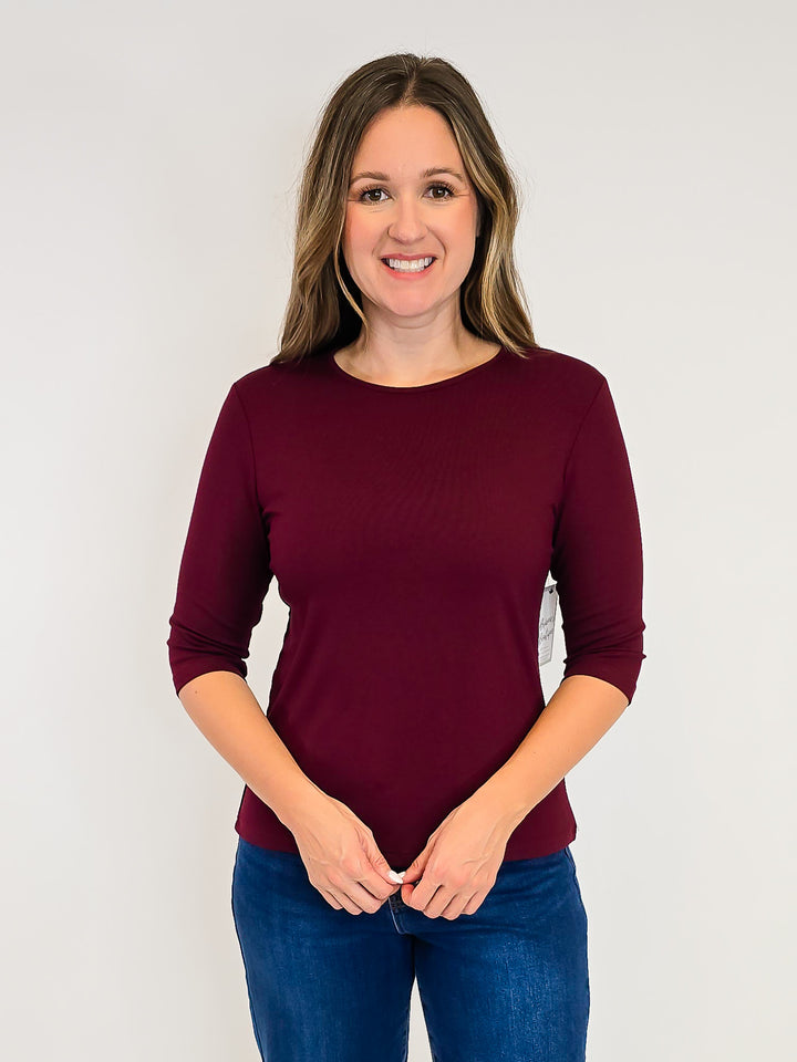 ELBOW SLEEVE SOLID KNIT TOP - MAROON