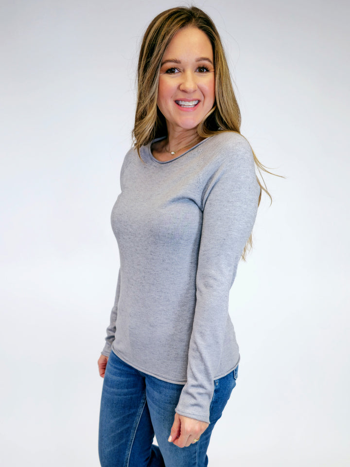 VISCOSE ROUND NECK SWEATER - HEATHER GREY