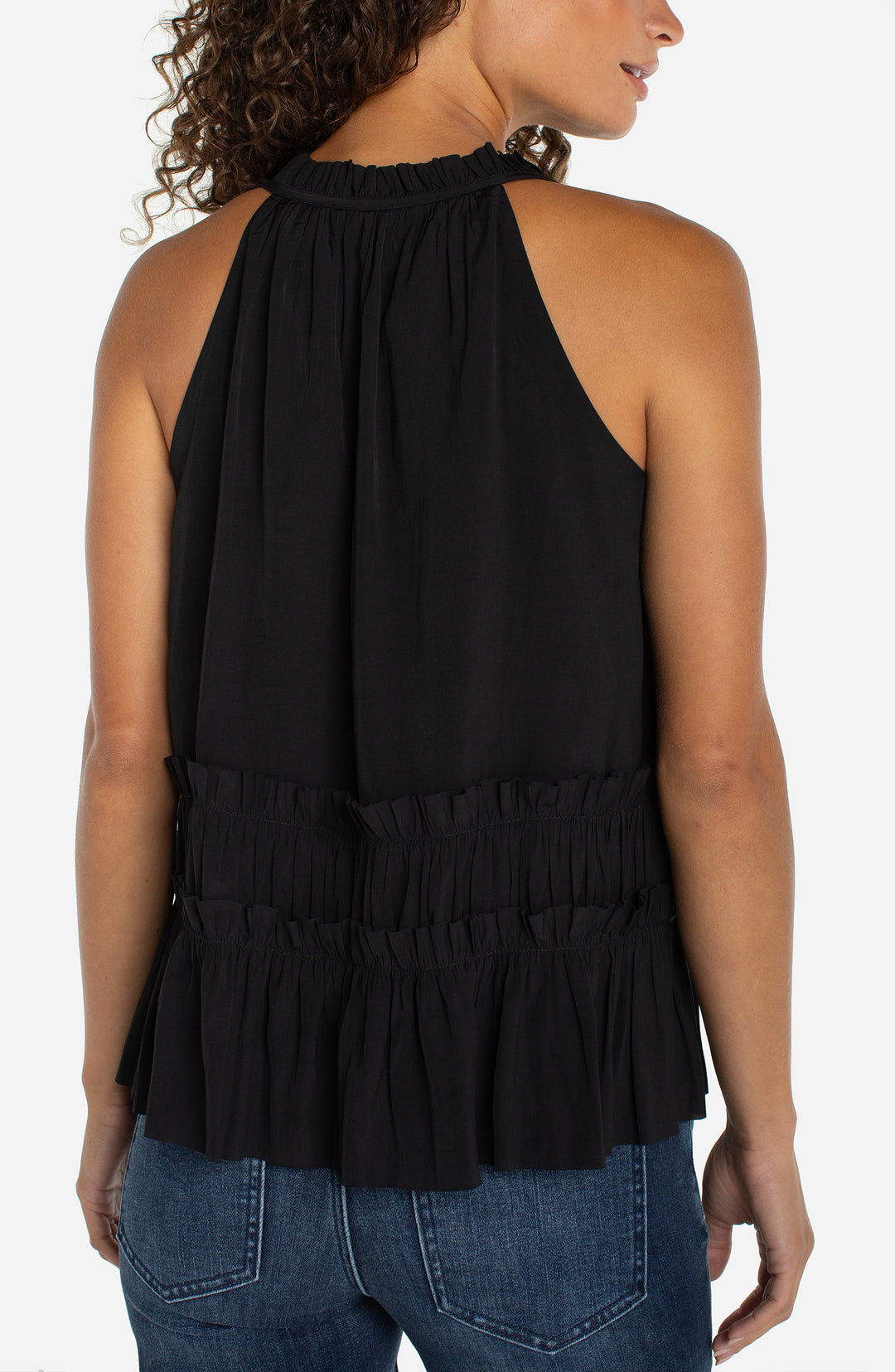 SLEEVELESS WOVEN TOP W/RUFFLES - BLACK