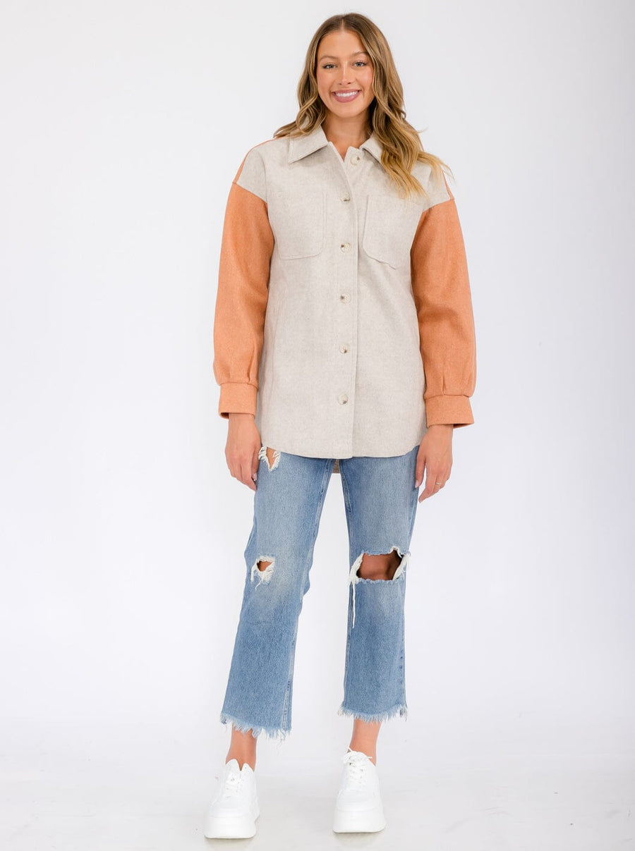 COLOR BLOCKED BUTTON UP SHACKET - OATMEAL/RUST