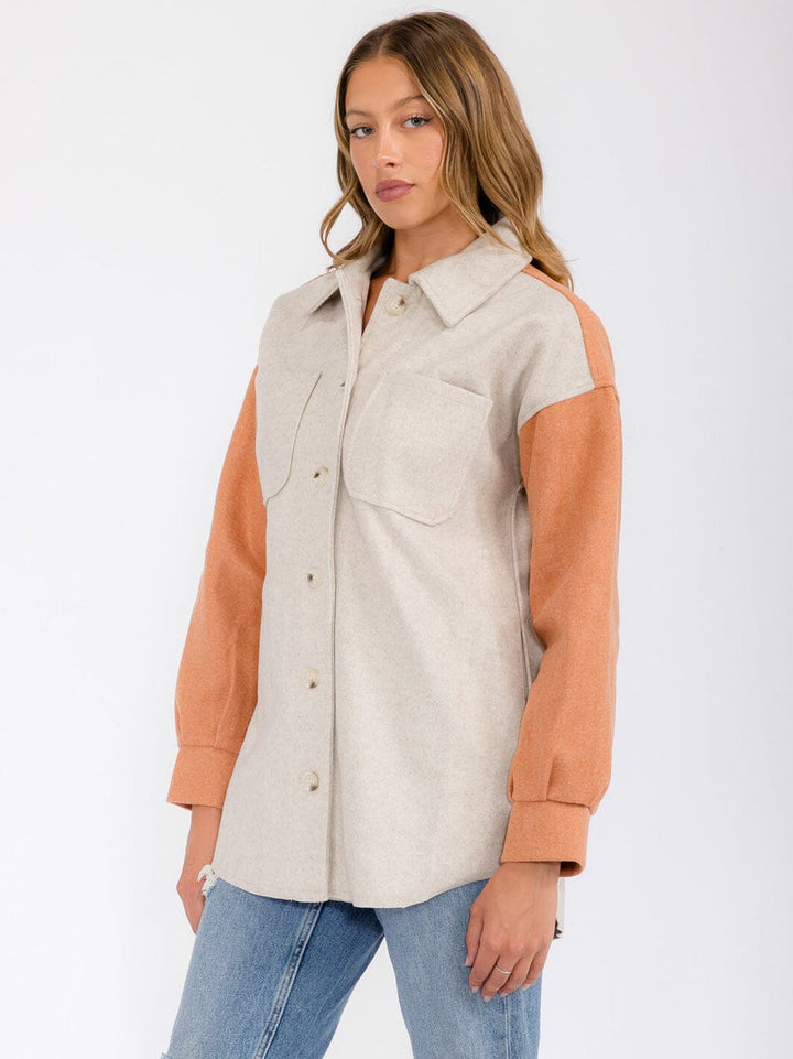 COLOR BLOCKED BUTTON UP SHACKET - OATMEAL/RUST