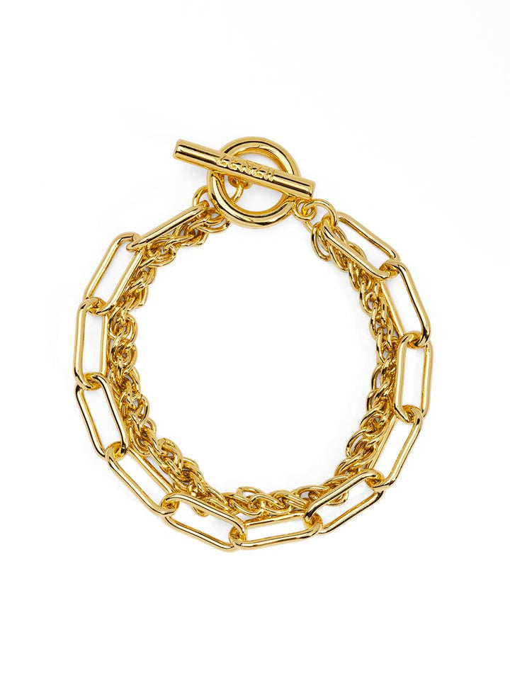 LAYERED PAPERCLIP AND ROLO CHAIN TOGGLE BRACELET - GOLD